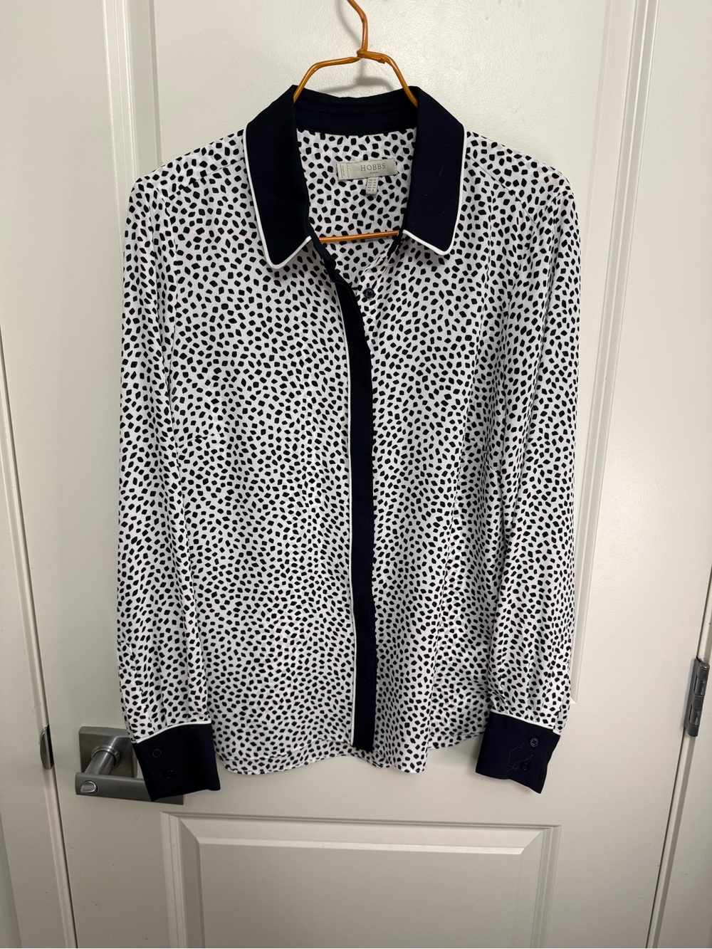 Hobbs London Black & White Spot-Print Long-Sleeve Shirt with Contrast Trim US 8